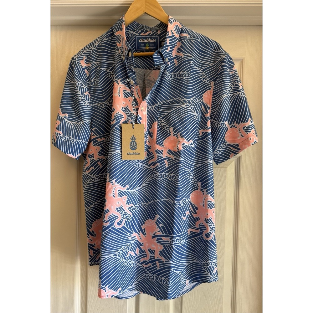 Chubbies Button Down Shirt Mens Large Blue Pink Octopus Wave Print Short Sleeve